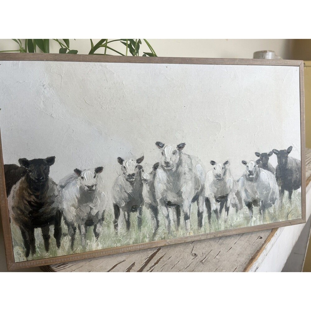 Farmhouse Herd Of Sheep In A Meadow (2 Sided) Framed Painting 14” x 8” / Country - Picture 3 of 7